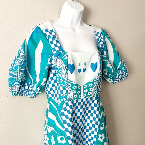 Celina Moon Queen of Hearts Blue Teal Puff Sleeve Midi Dress Women’s Size Medium - Picture 6 of 12